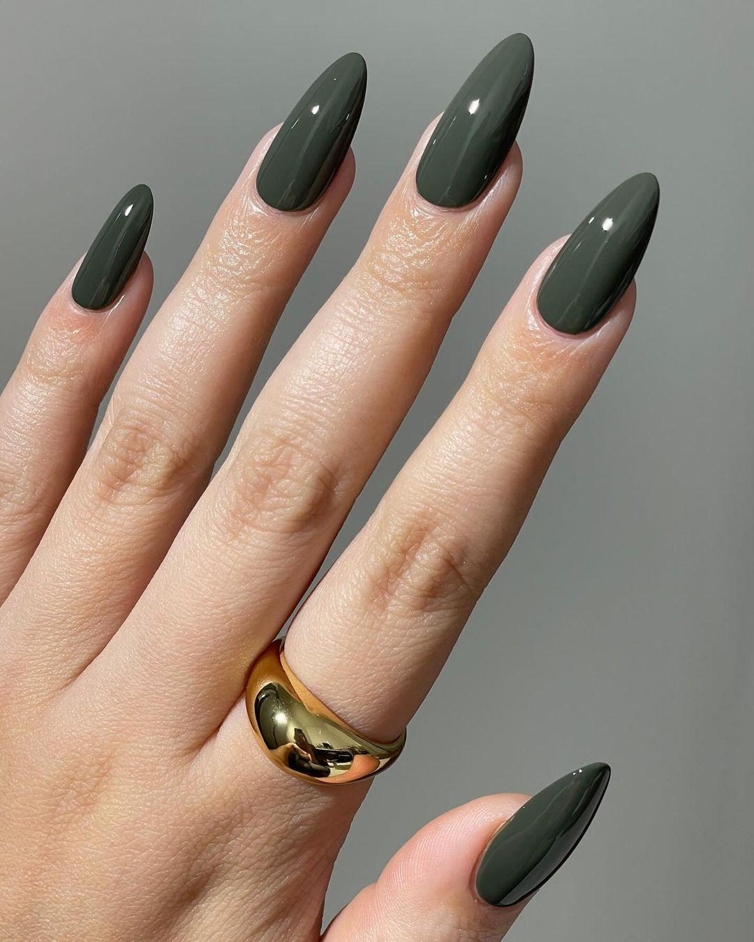Matte forest green gel nails with glossy French tips