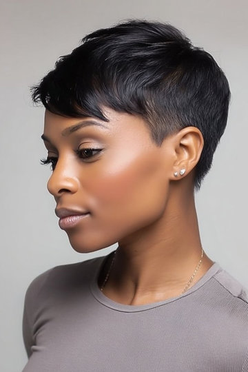 Jet-black sleek pixie with deep side part and tapered sides