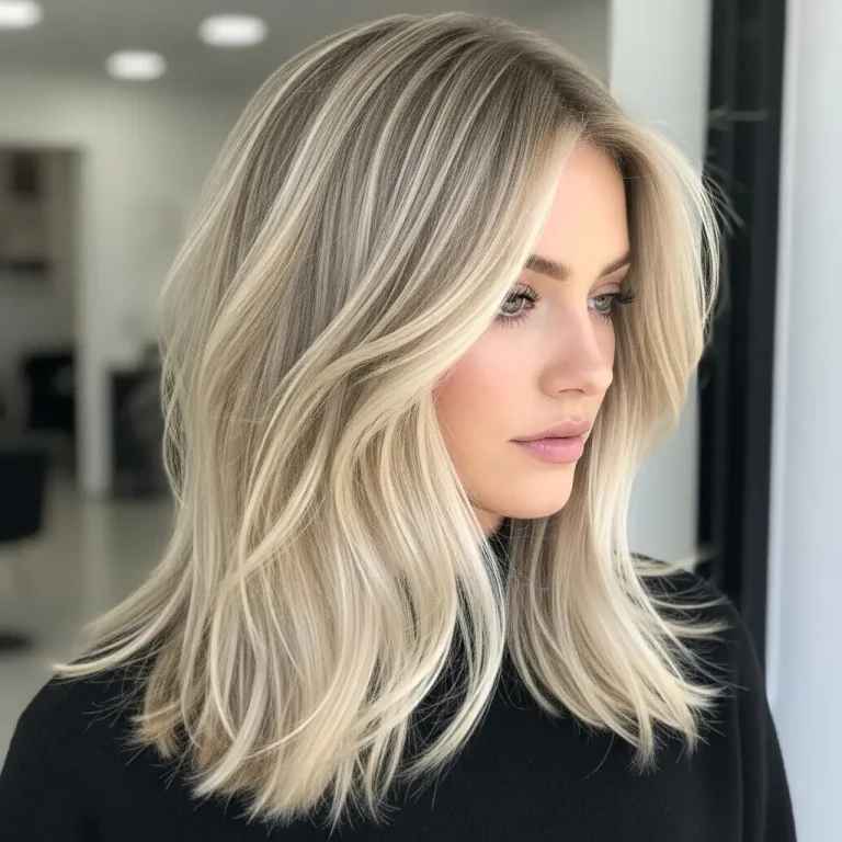 Shoulder-length ash blonde hair with wispy curtain bangs