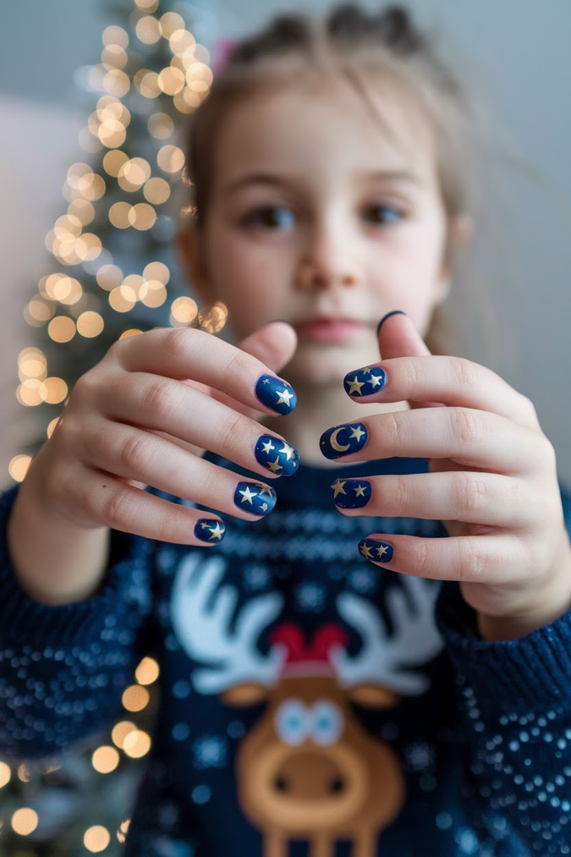Dark navy kids nails with gold star and moon Christmas nail art
