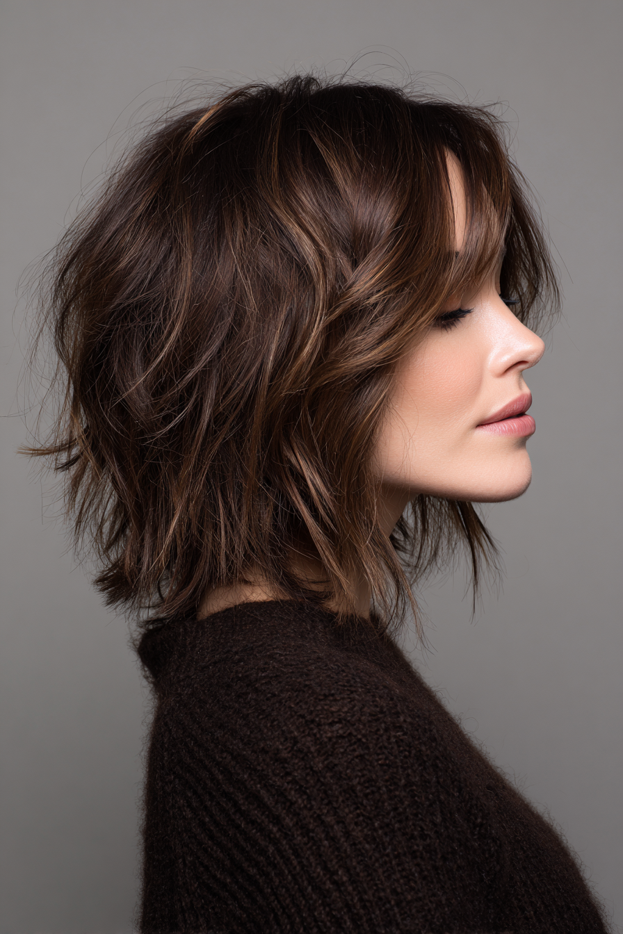 Choppy mid-length layered haircut with espresso dimension
