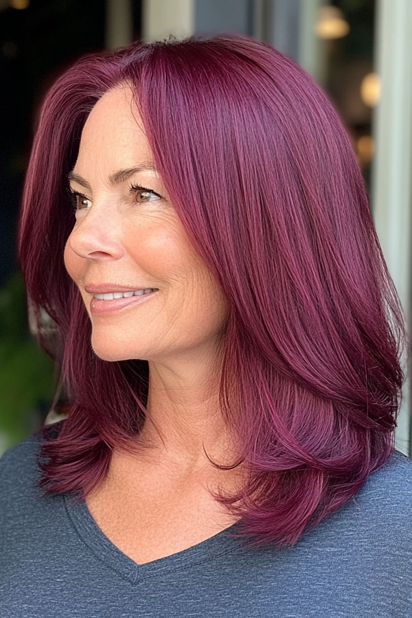Woman over 60 with sleek burgundy layered hair