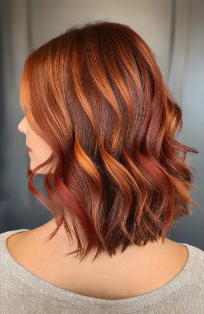 Wavy copper lob with a seamless root shadow melt