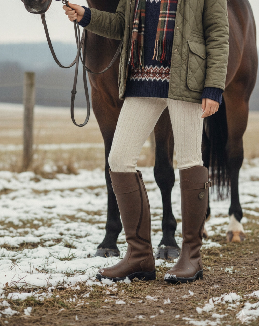 Woman in an olive quilted barn jacket over a navy fair isle sweater and plaid scarf, cream cable-knit leggings, and tall brown riding boots, standing by a horse in light snow