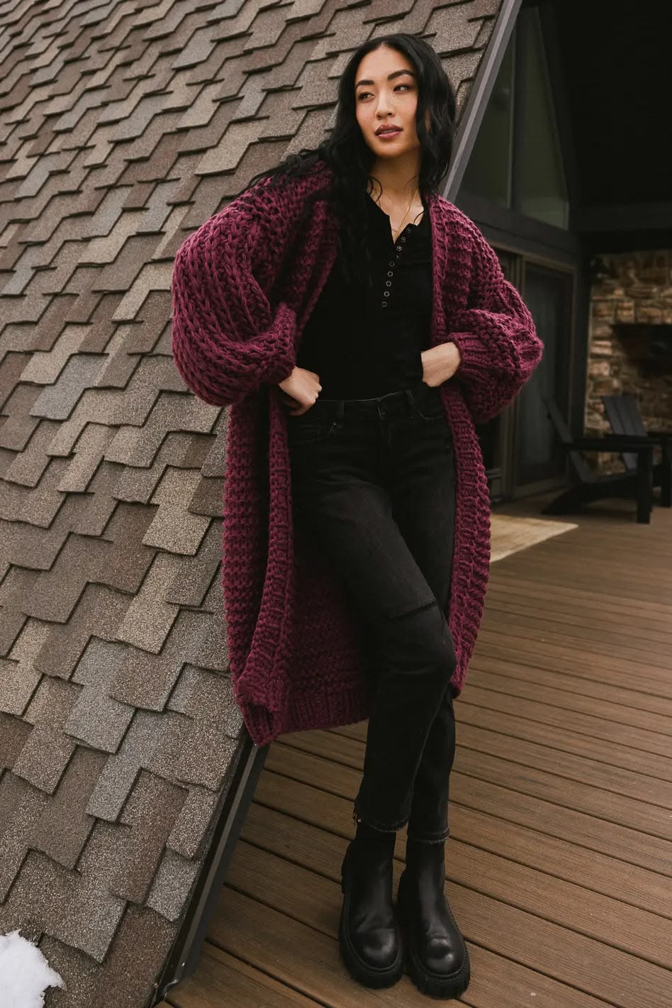 Burgundy oversized cardigan with jeans and ankle boots