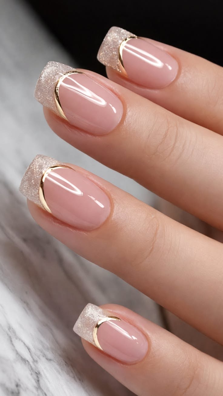Champagne gold glitter french tips on nude nails with gold outline