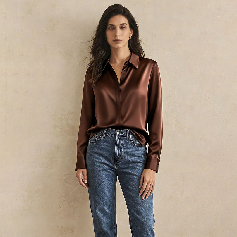 Chocolate brown silk blouse with a soft drape