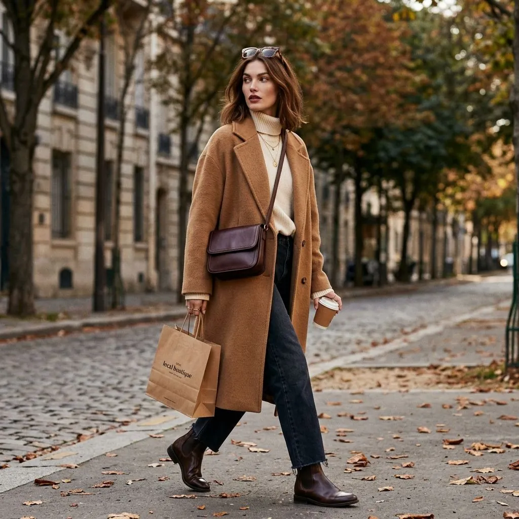Woman in a camel coat, cream turtleneck, black jeans and brown Chelsea boots on the street