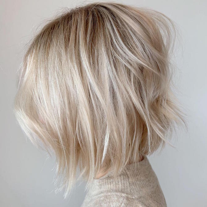 Textured beige blonde bob with taupe lowlights