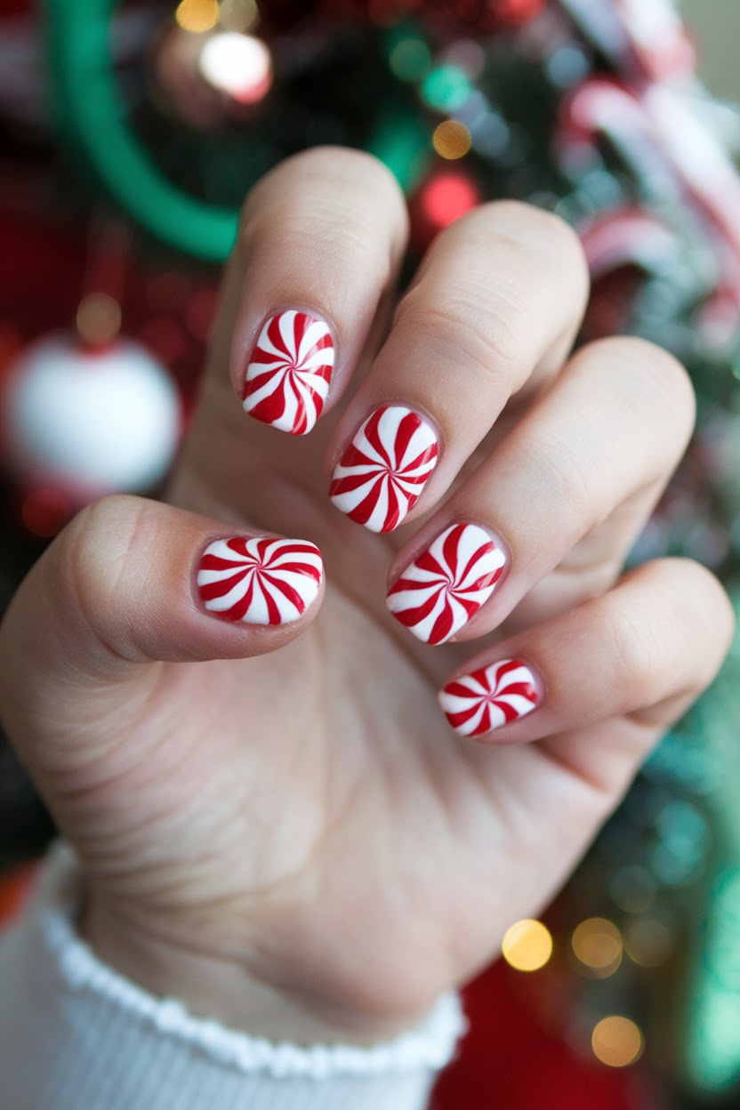 Red peppermint swirl nail art on white kids nails