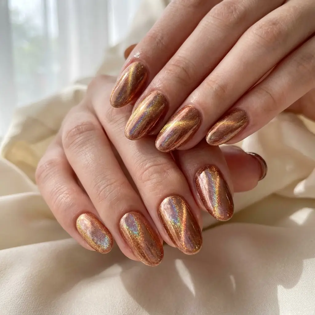 Almond nails in copper bronze shimmer polish