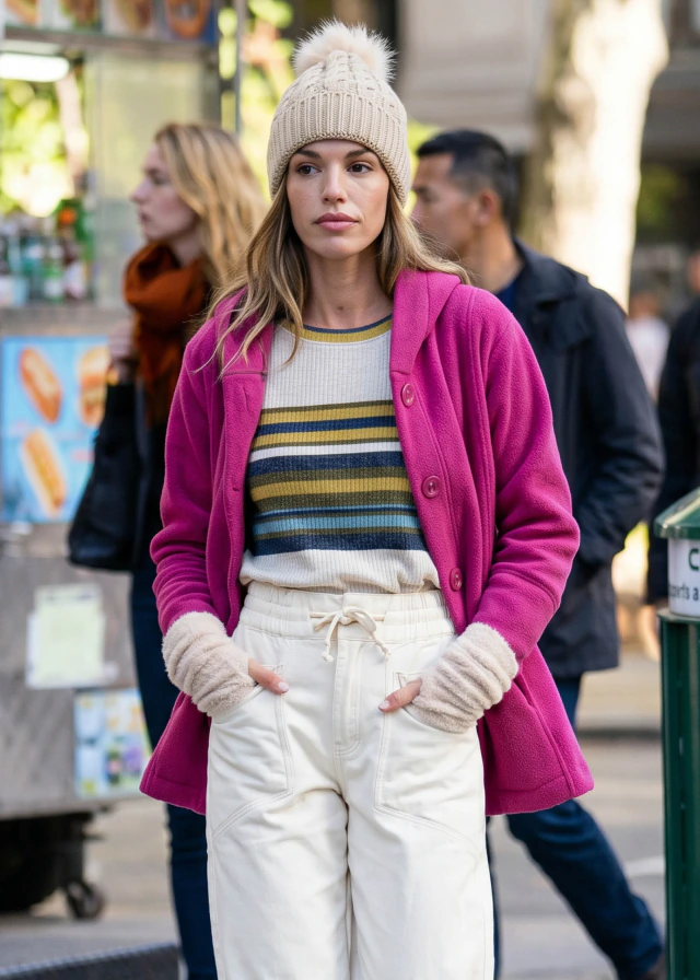 Woman in a fuchsia fleece jacket with hood, striped sweater, white pants and pom beanie