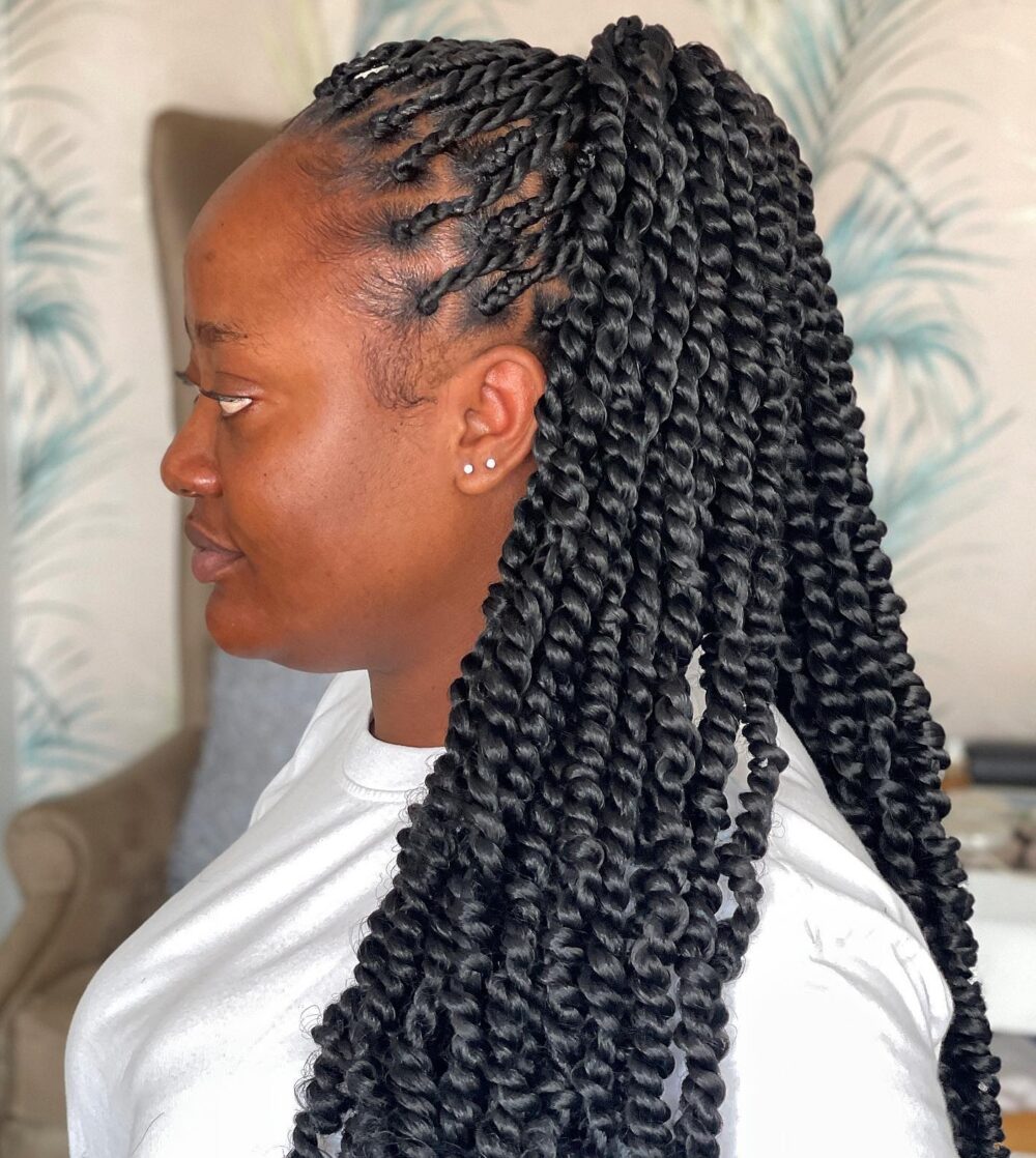 Shoulder-length passion twists with loose texture