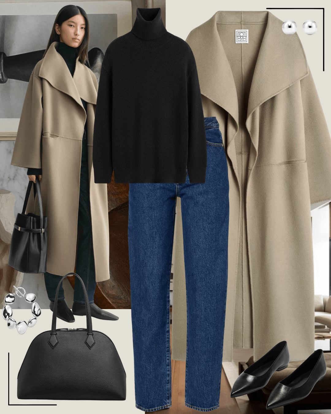 Outfit flat-lay collage: camel wrap coat, black turtleneck, dark wide-leg jeans, black bag and pointed flats