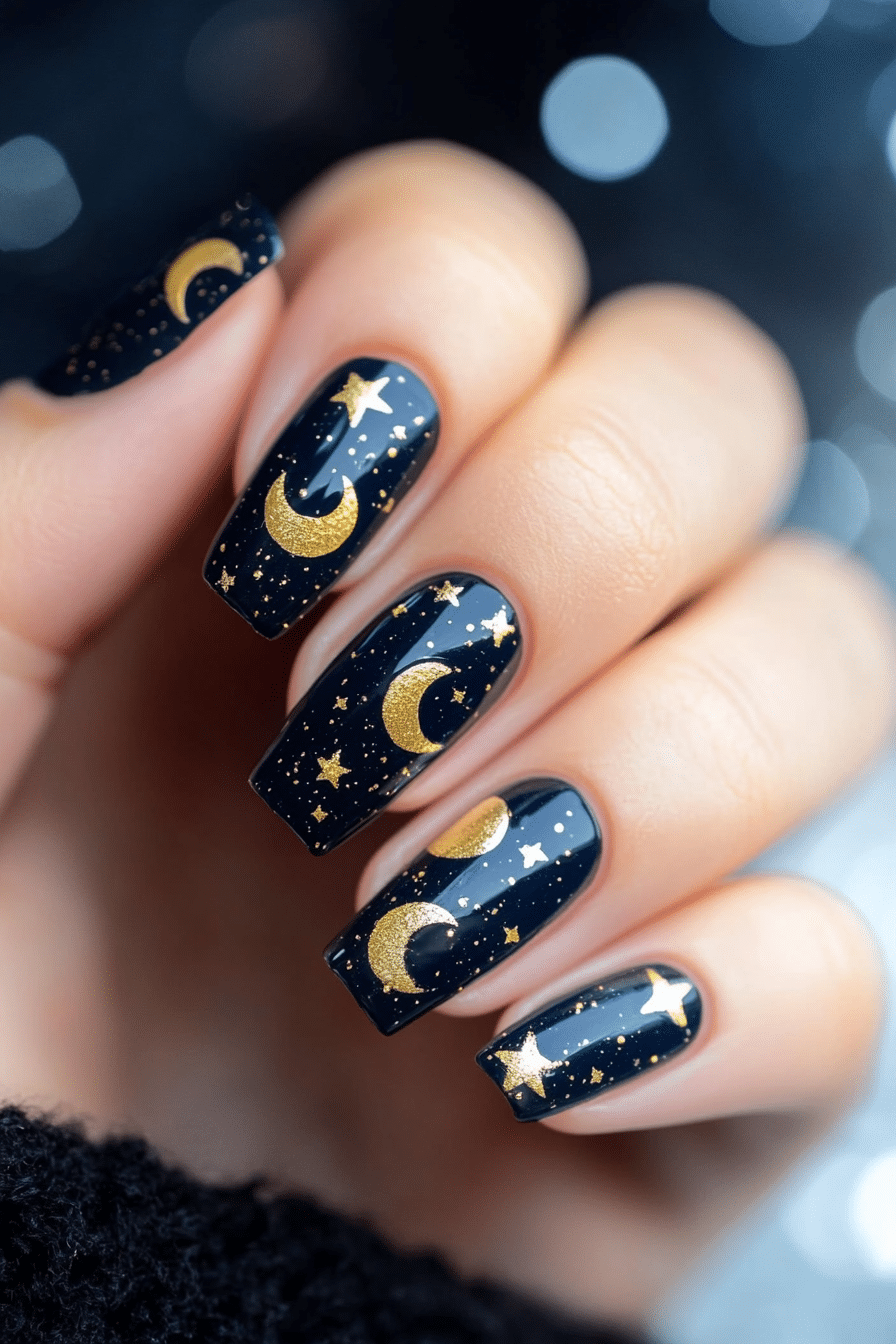 Square navy blue nails with gold glitter crescent moons, stars and speckles