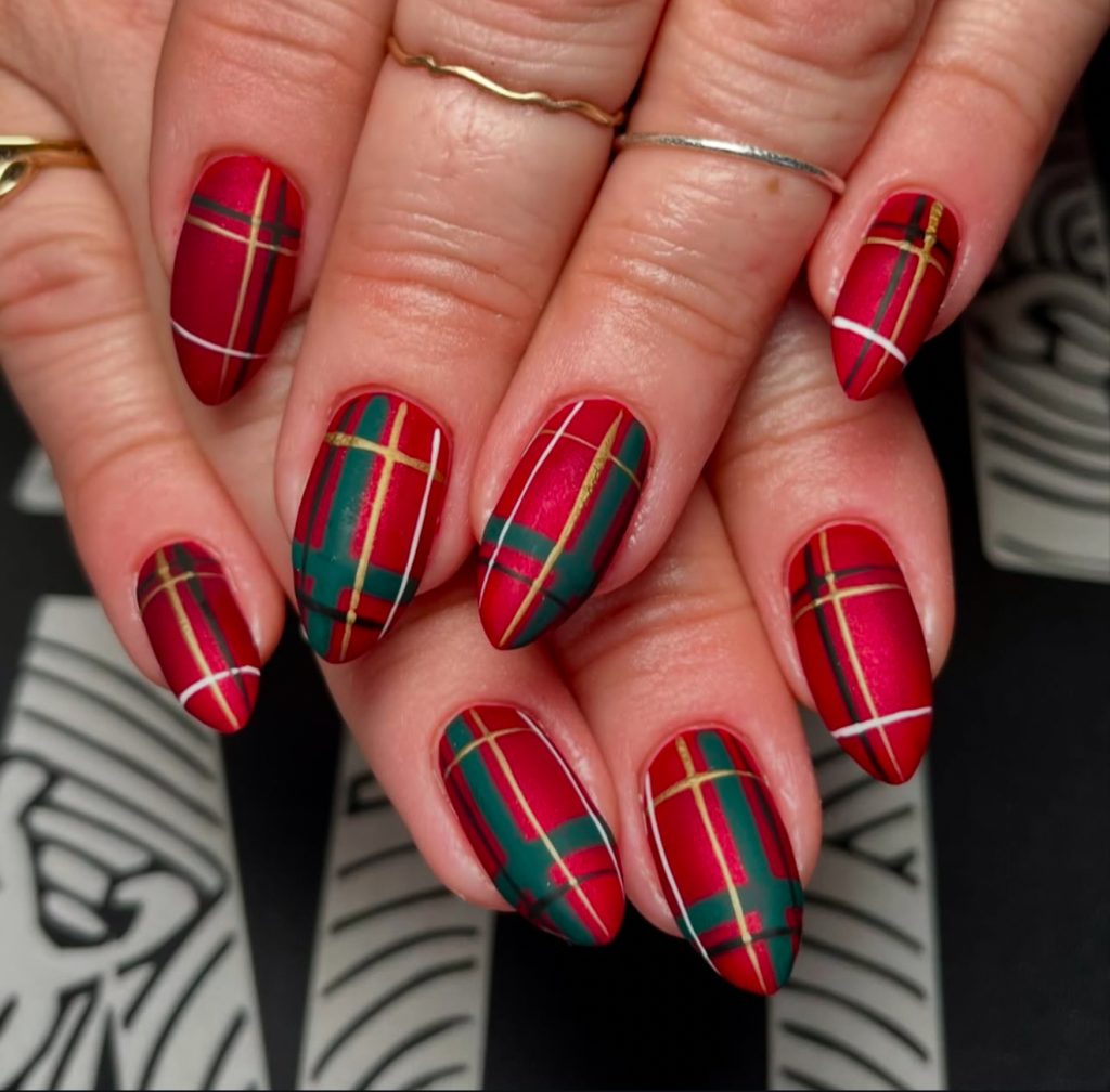 Tartan plaid nail art in red and green gel polish