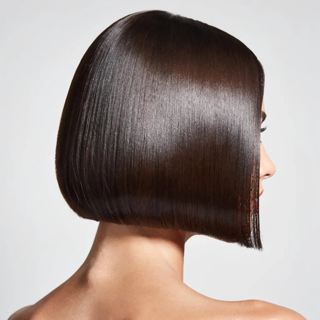 Sleek chin-length dark brown bob with rounded ends, side profile view