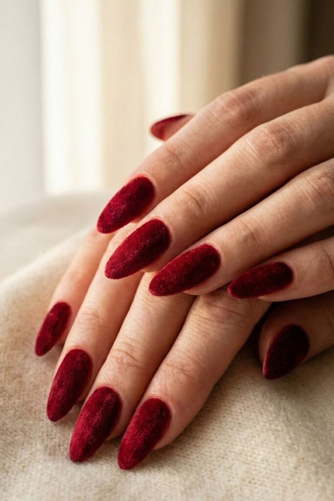 Long almond nails with a wine-red velvet flocked texture