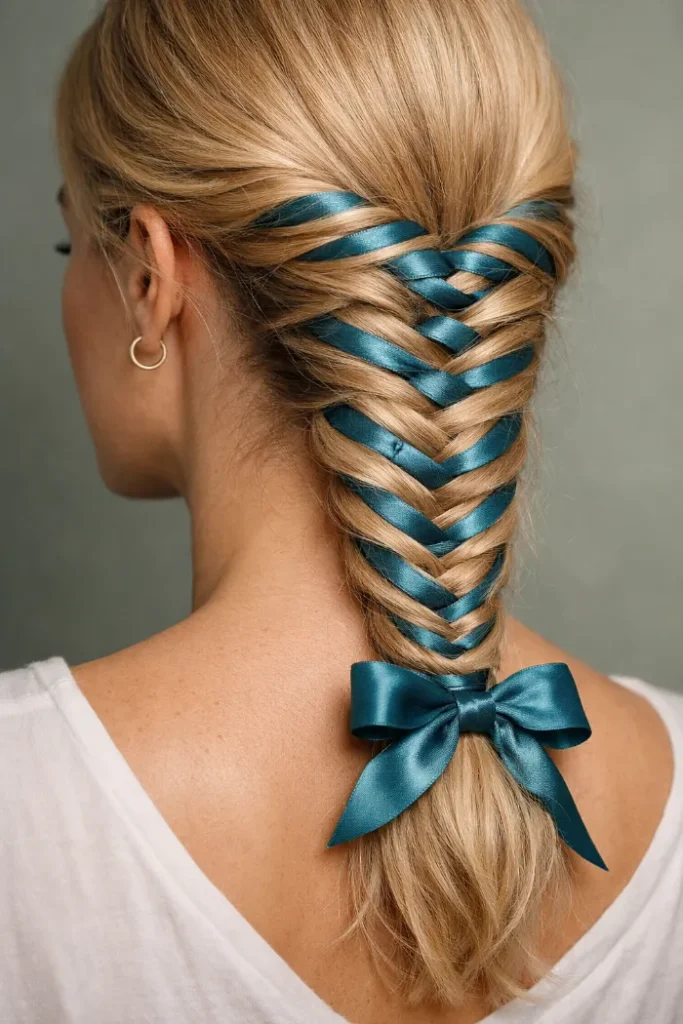 Fishtail braid with a teal satin scarf woven through and finished with a bow