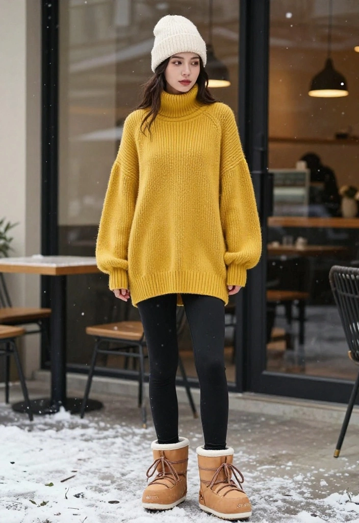 Woman in tan moon boots, mustard oversized turtleneck, black leggings and cream beanie outside a cafe