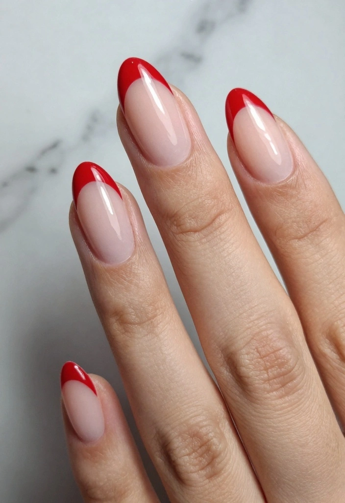 Red French tips on a nude base, almond nails