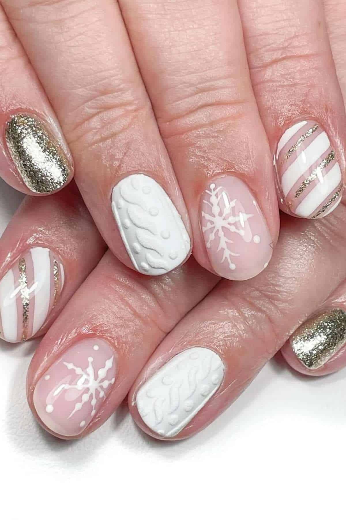 Short white and gold Christmas nails with cable-knit texture and snowflakes