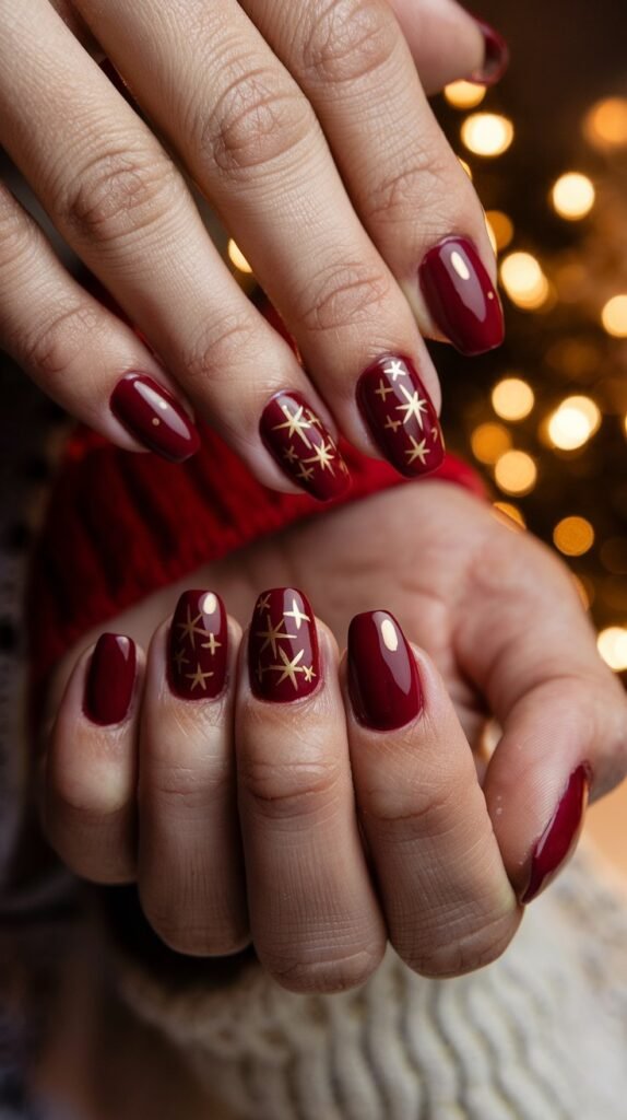 Short oval deep burgundy nails with scattered gold star art