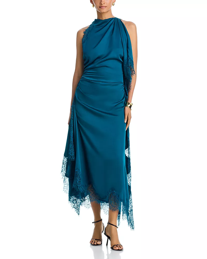 Teal satin midi dress with lace-trimmed hem