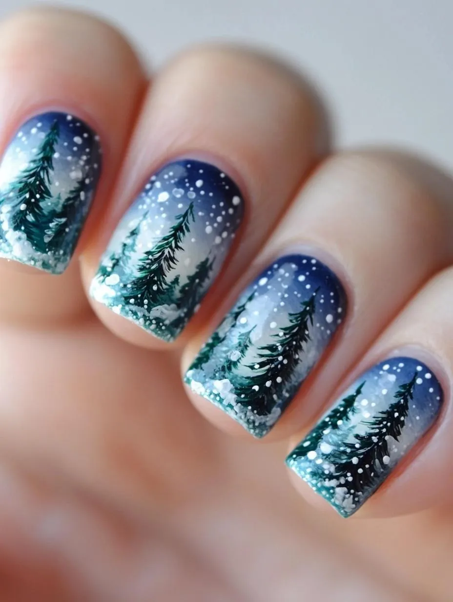 Short square nails with midnight blue gradient, pine trees and falling snow