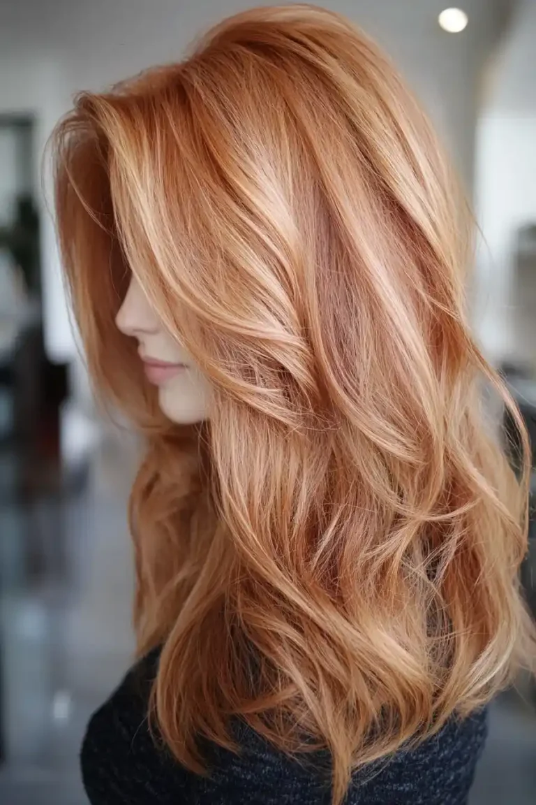 Long wavy strawberry blonde hair with auburn lowlights