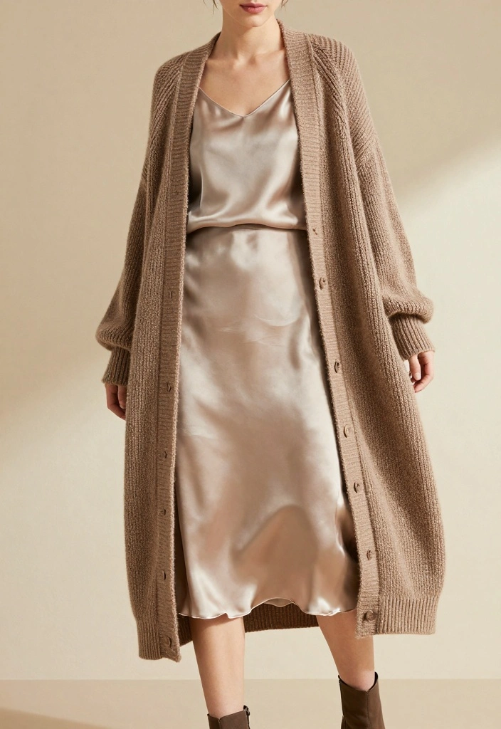 Beige cardigan styled with a satin skirt