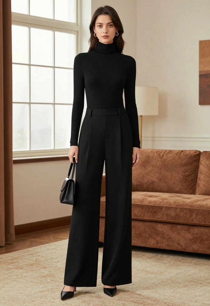 Woman wearing a turtleneck sweater with fluid wide-leg trousers in winter