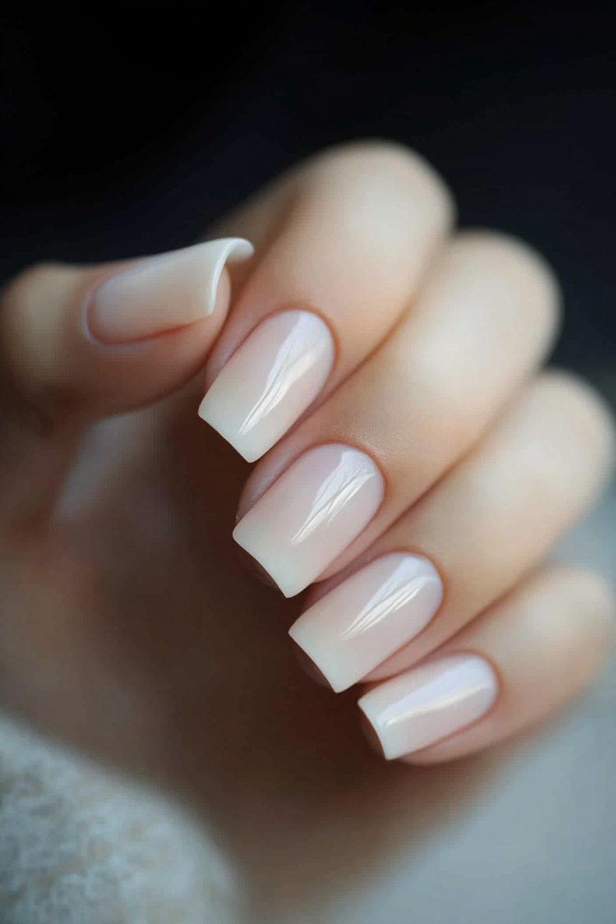 Milky Champagne: a milky nude baby-boomer fade on short square nails