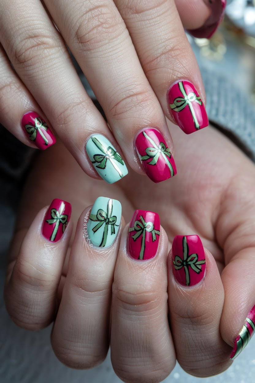 Kids nails painted like wrapped Christmas presents with ribbon bows