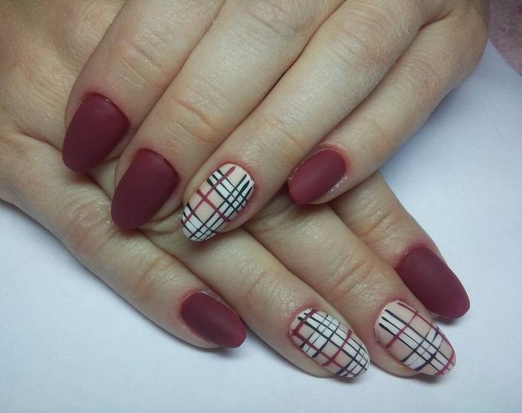Matte cranberry nails with plaid check pattern