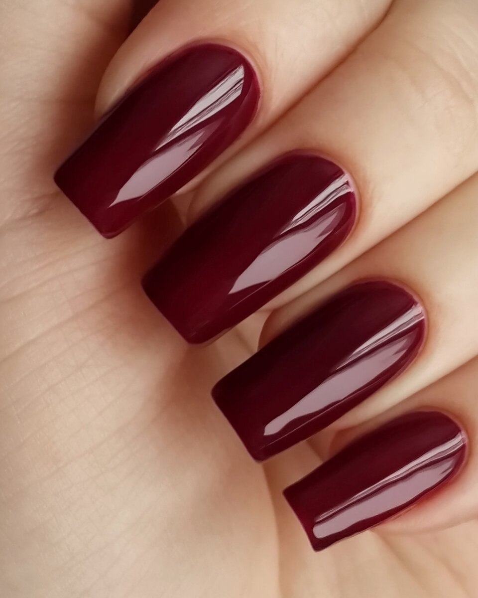 Glossy merlot-red nails in a square shape