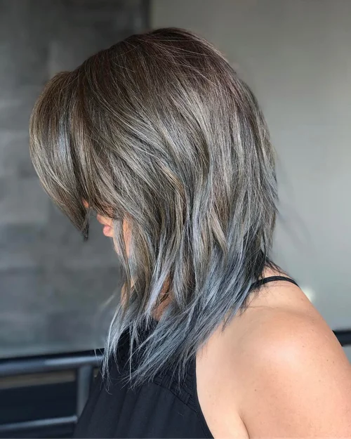 Shoulder-length layered hair with gray-silver highlights over warm brown