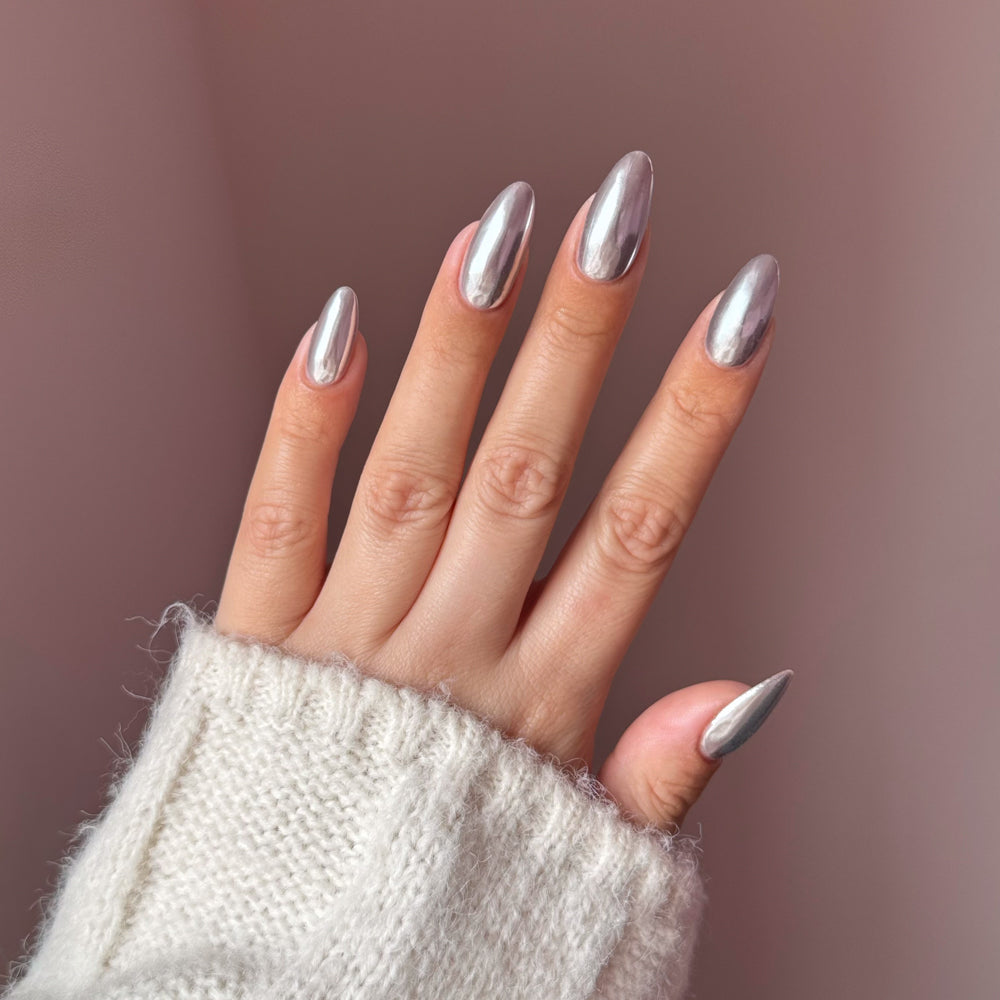 Silver Chrome: a mirror chrome finish on medium almond nails