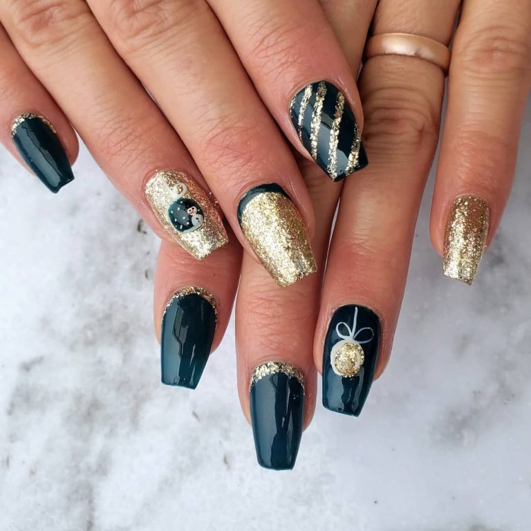 Long coffin emerald green nails with gold glitter, gold stripes and a Christmas bauble accent nail