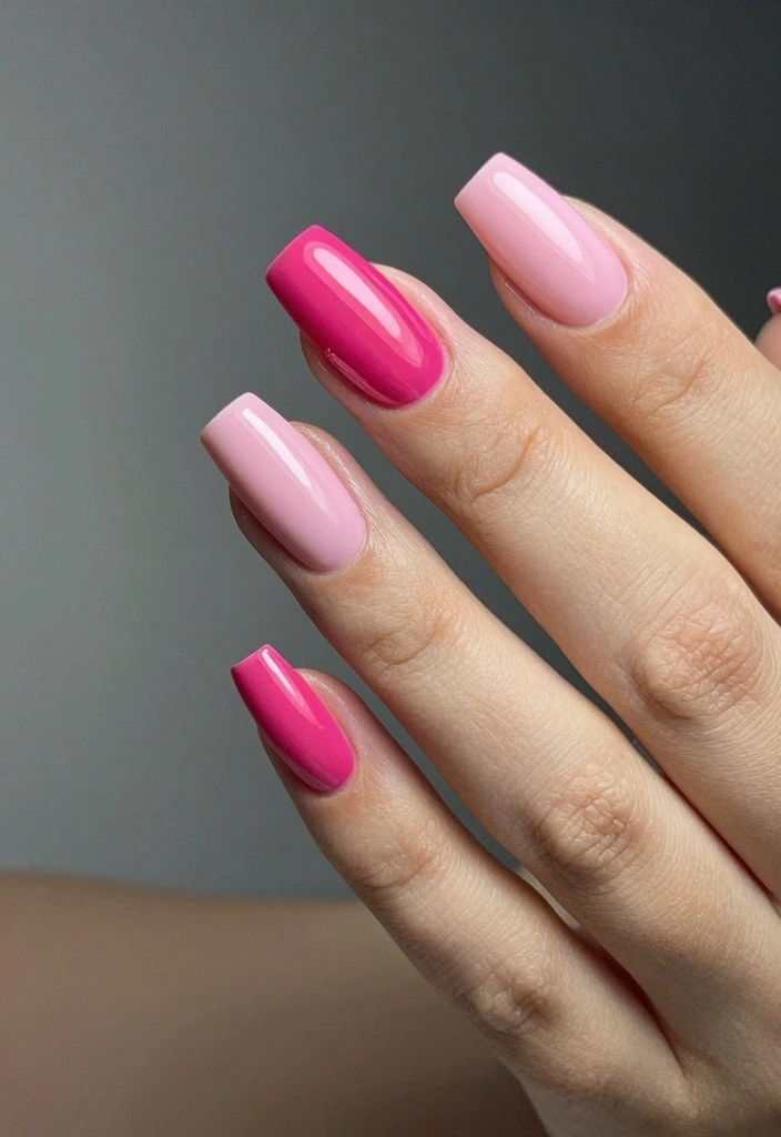 Pink color block manicure with mauve and blush pink sections