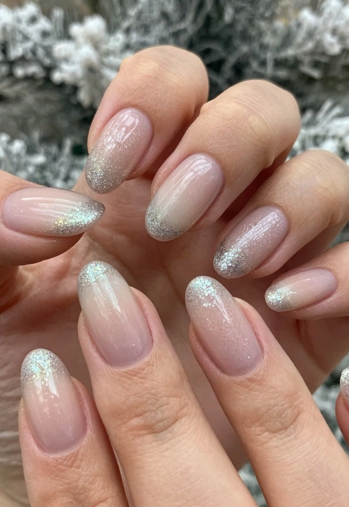 Glitter ombre fading sparkle on almond winter nails