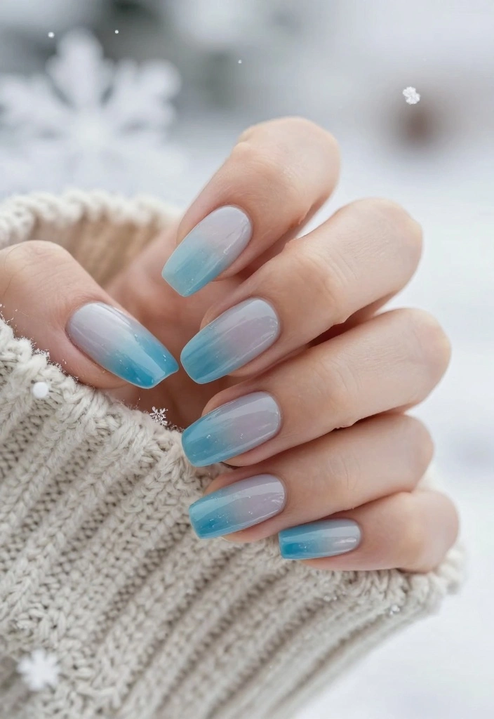 Icy blue ombre winter nails fading from white to blue