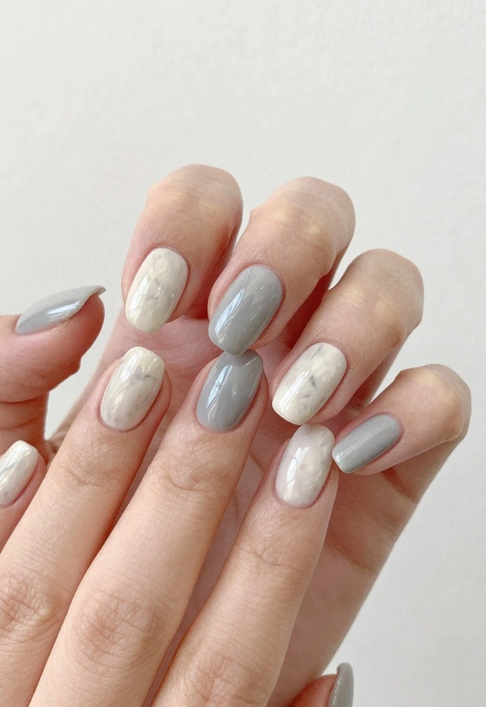 Medium almond nails in stormy grey-blue dip powder with white marble veining on accent nails
