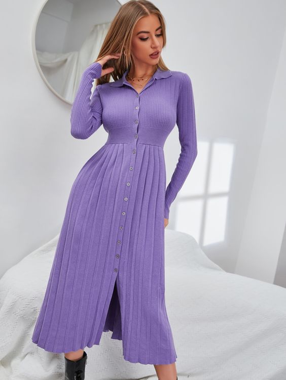 Woman in a purple ribbed button-front knit midi dress with black boots