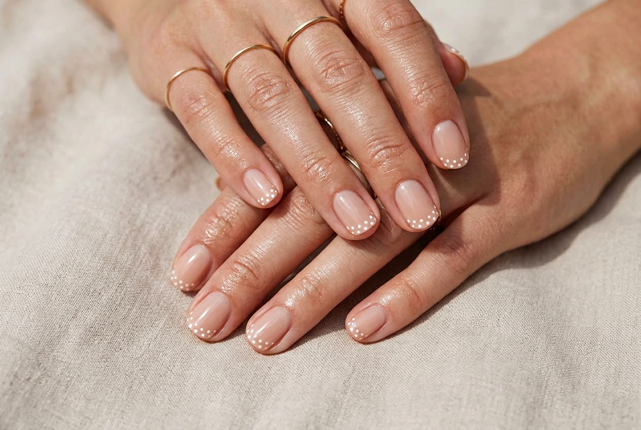 Nude nails with minimal small dot nail art