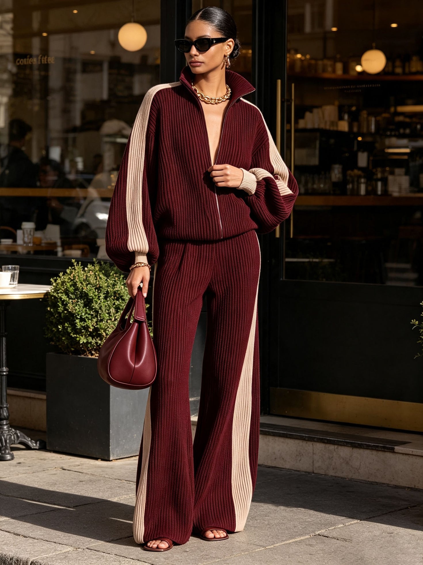 Burgundy ribbed knit zip jacket and wide-leg pants co-ord set