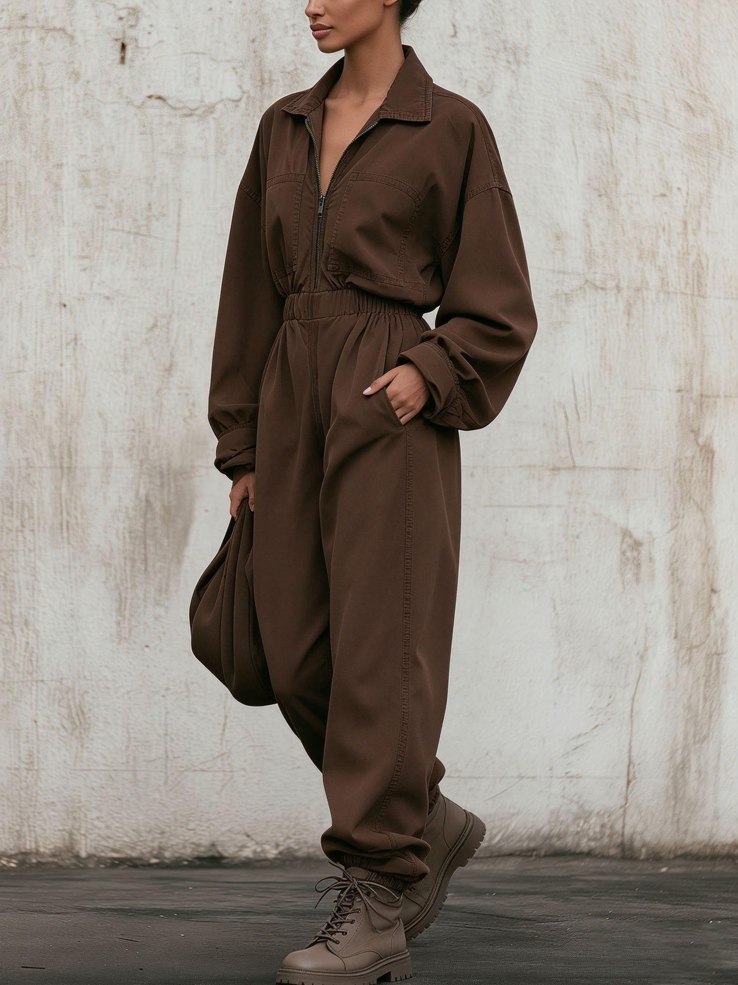 Woman in an all-chocolate brown utility jumpsuit and taupe lace-up combat boots