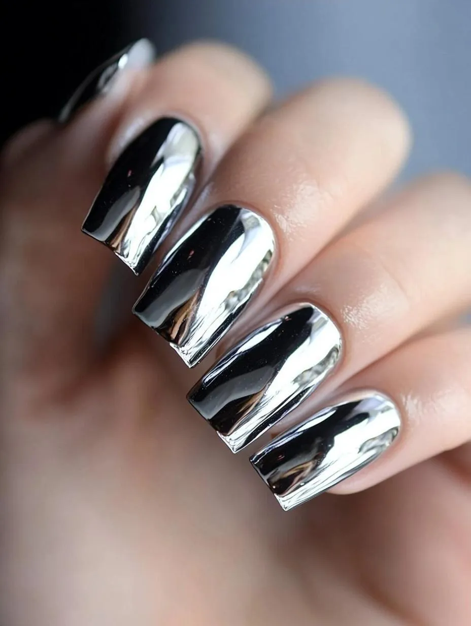Long coffin nails in full silver mirror chrome with a liquid metal finish