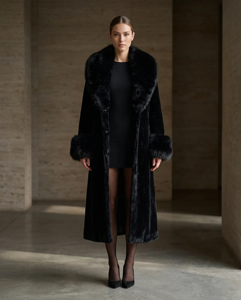 A longline black faux fur coat with an oversized collar, worn over a short black dress with sheer tights and black heels.