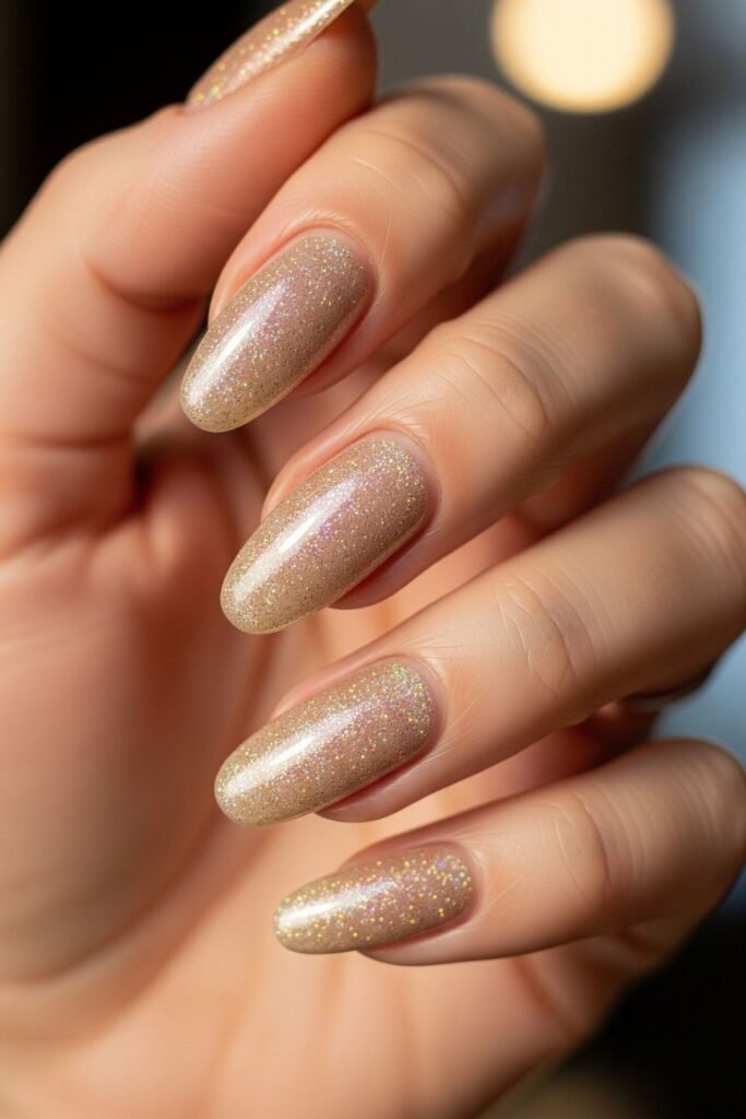 Long almond nails with full-coverage champagne gold microglitter